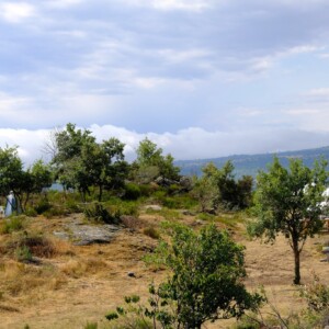 Bivouac lamas, à gauche le coin salle de bain/wc, à droite au premier plan le coin vaisselle, la tonnelle avec table et chaises et les tentes à l'arrière